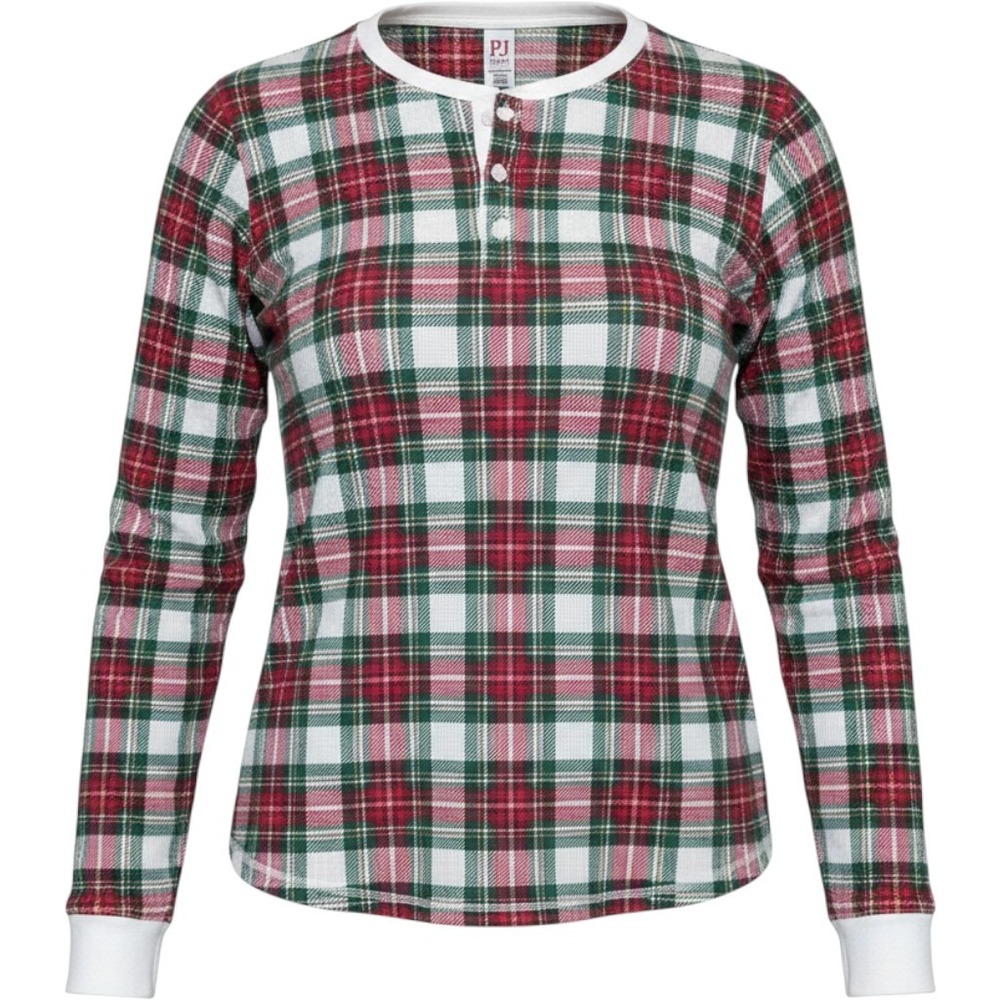 PJ Place Pajama Set Adult L Top M Bottom Red Green Plaid Waffle Henley Holiday